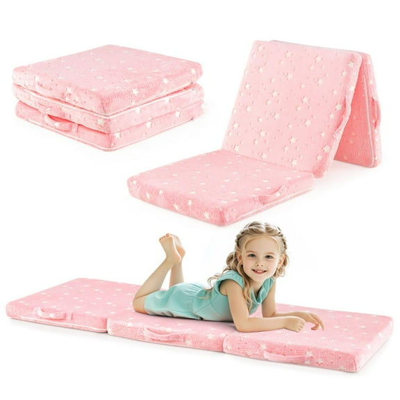 Kadyn Foldable Floor Mattress for Kids with Washable Flannel Cover-Pink