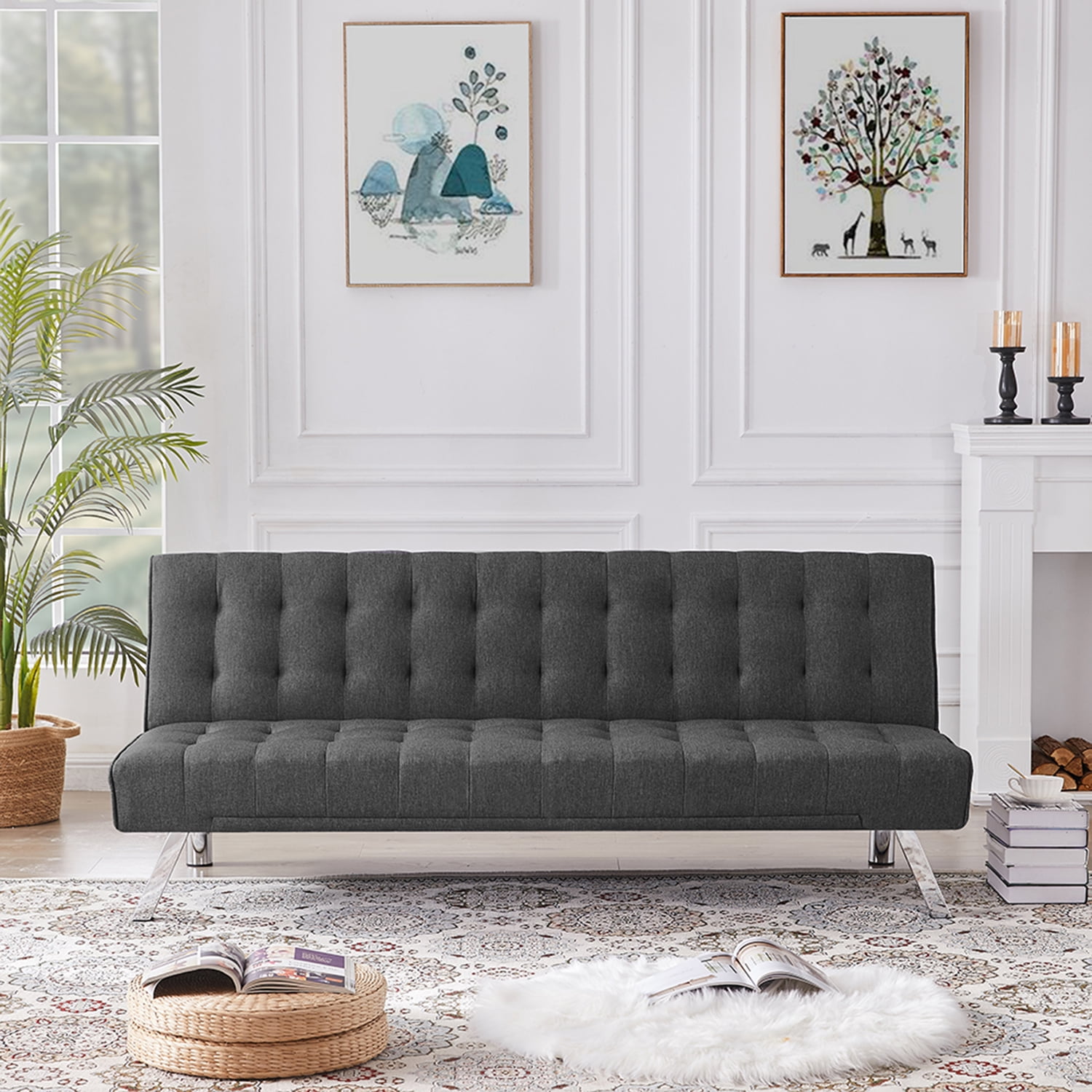 Kadyn Folding Futon Sofa, Upholstered Couch Bed for Bedroom, Modern Convertible Futon with Metal Legs, Dark Grey Kadyn Folding Futon Sofa, Upholstered Couch Bed for Bedroom, Modern Convertible Futon with Metal Legs, Dark Grey