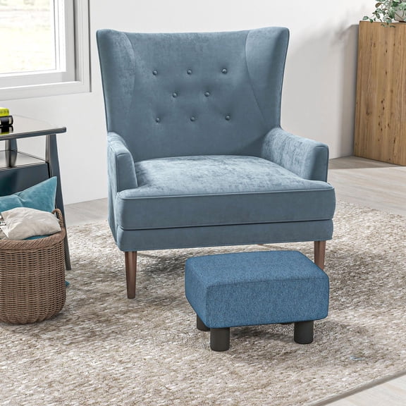 Kadyn Foot Stool Ottoman with Linen Fabric Upholstery and Plastic Legs, Footstool for Living Room, Blue