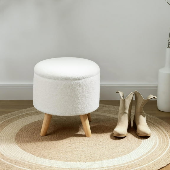 Kadyn Foot Stool Ottoman with Storage, Footstool with Padded Seat, Hidden Space and Wood Legs, White