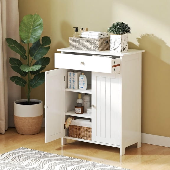 Kadyn Freestanding Narrow Bathroom Cabinet with 2 Doors, Floor Storage Organizer for Toiletries, Space-Saving Unit for Small Bathroom, White