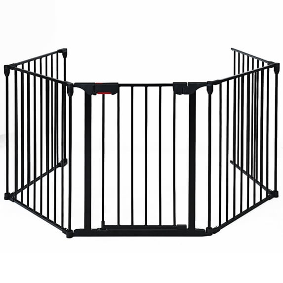 Kadyn Freestanding Pet Gate,Dog Fence Gates for Doorways, 115 Inch Length 5 Panel Adjustable Wide Fireplace Fence-Black