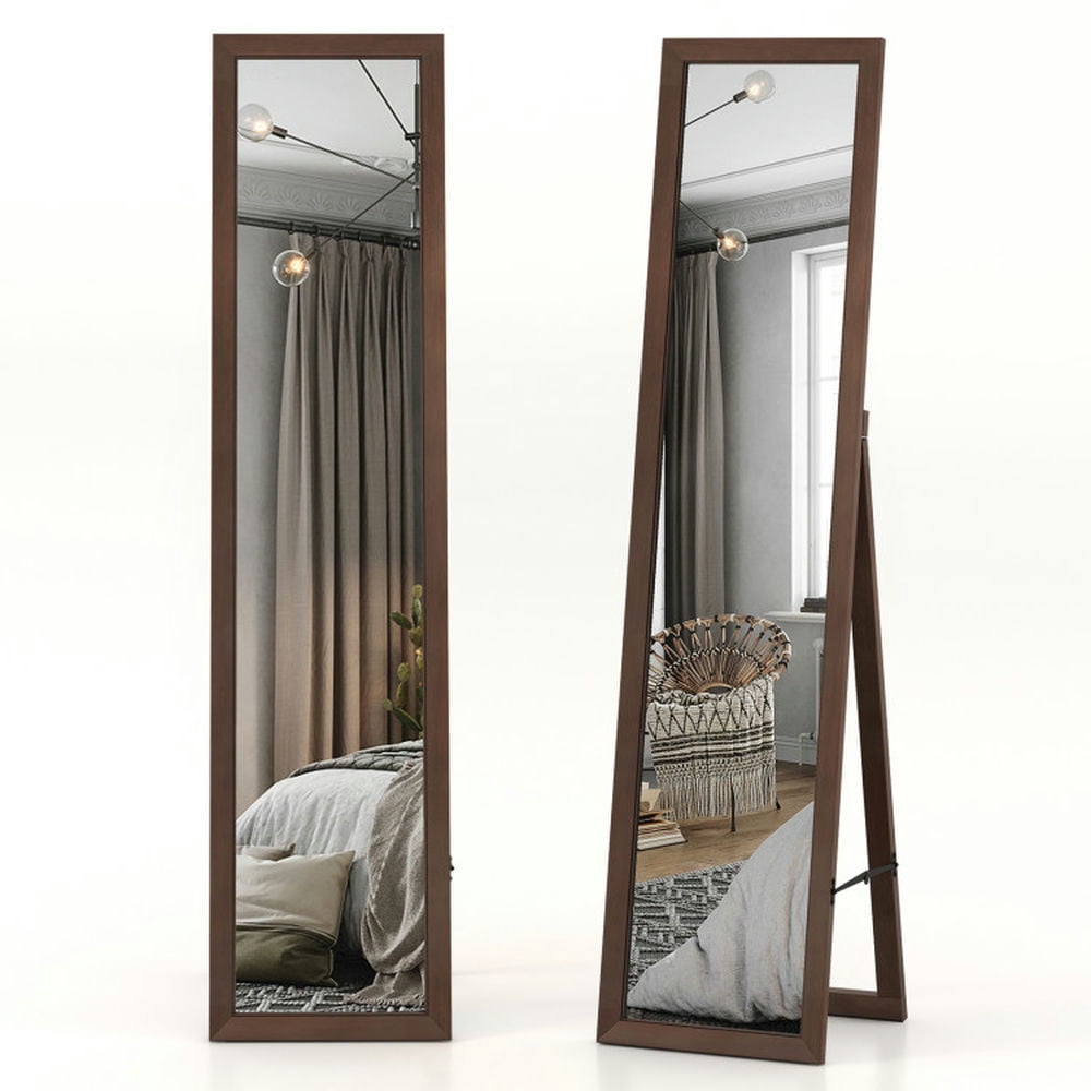 Freestanding Full Length Brown Pine Wood Rectangular Mirror