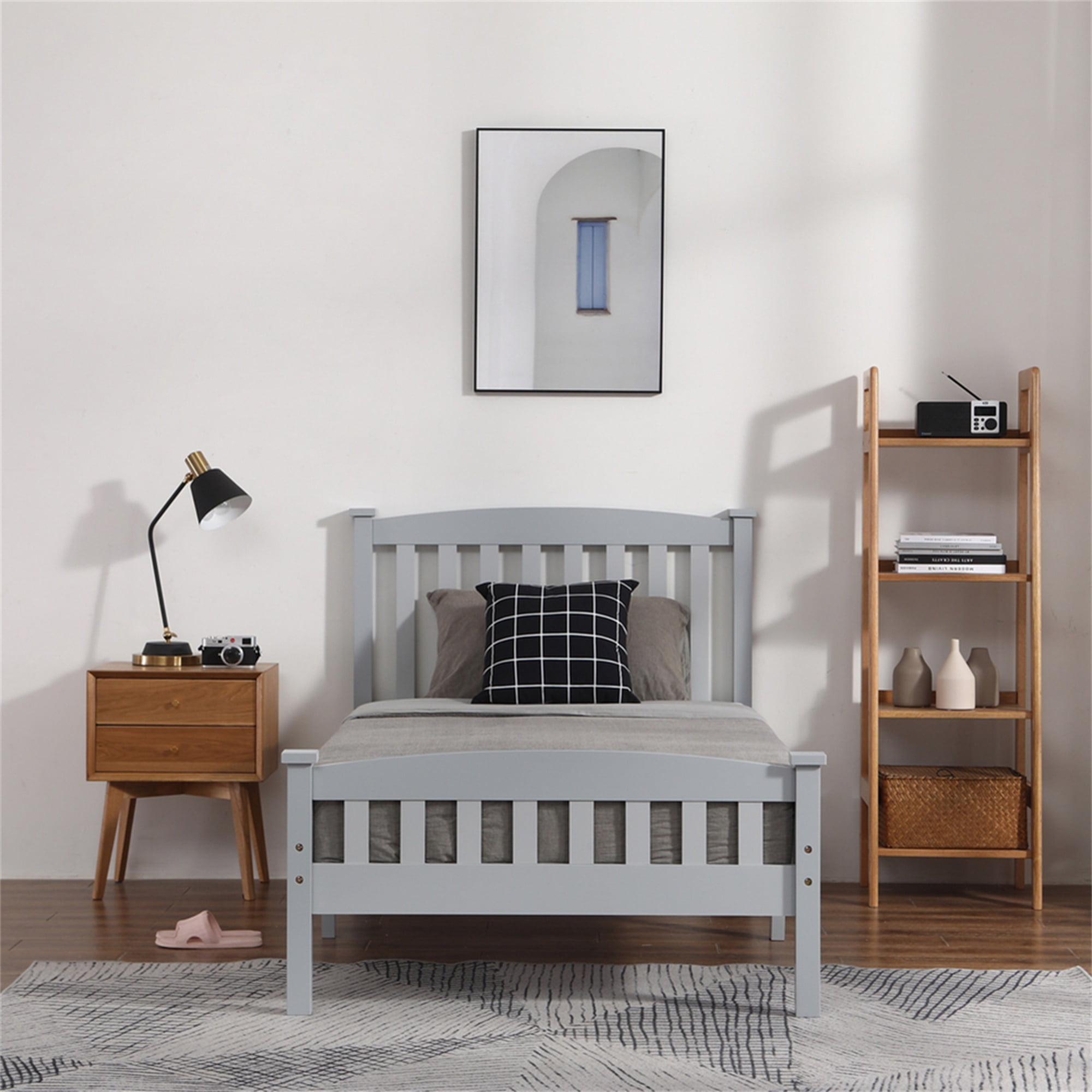 Kadyn Full-Size Bed Frame, Platform Bed Frame with Gray Vertical Slatted Headboard, Solid Wood Bed Frame with Footboard Kadyn Full-Size Bed Frame, Platform Bed Frame with Gray Vertical Slatted Headboard, Solid Wood Bed Frame with Footboard