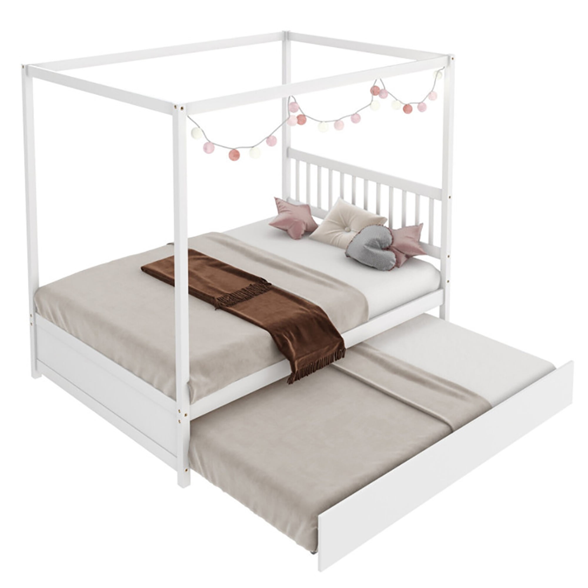 Kadyn Full Size Canopy Bed with Trundle Wooden Platform Bed Frame Headboard-White