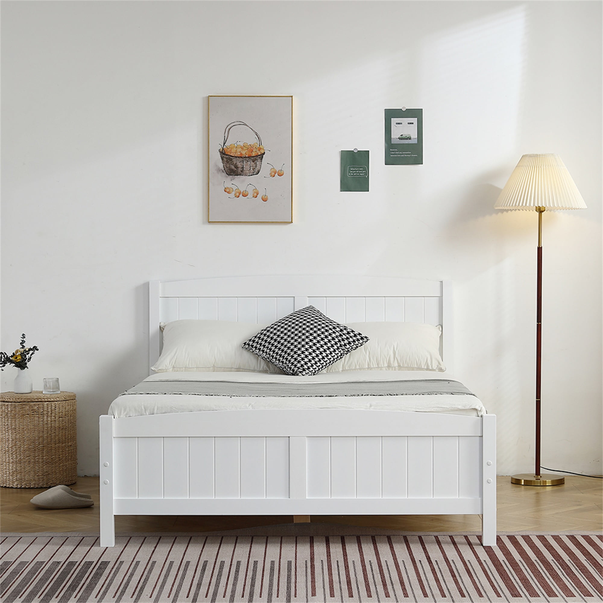 Kadyn Full Size Solid Wood Platform Bed: Bed with All Pine Single Core Vertical Stripe Full Slat Curved Headboard and Foot of Bed, Wood Bed Frame with Wood Slat Support, White