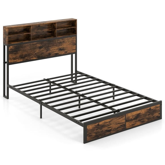 Kadyn Full Size Sturdy Bed Frame with Storage Headboard Industrial Metal Platform, Bedroom Platform Bed Frame, Rustic Brown