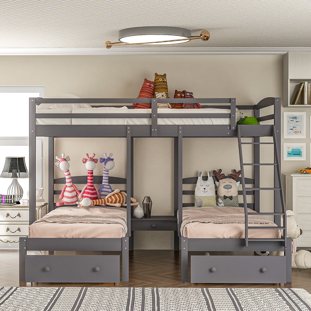 Kadyn Full over Twin & Twin Bunk Bed,Triple Bunk Bed with Drawers, Gray Kadyn Full over Twin & Twin Bunk Bed,Triple Bunk Bed with Drawers, Gray