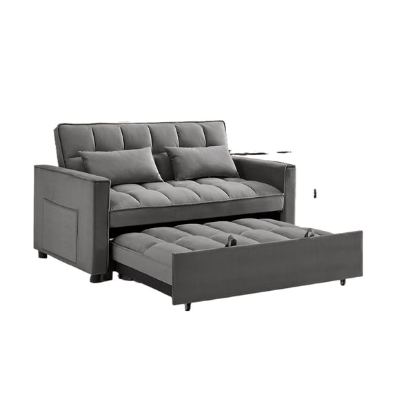 Kadyn Futon Sofa Bed, 54" Adjustable Backrest Convertible Futon Sofa for Living Room, Futon Sleeper Sofa with Side Pouch, Gray