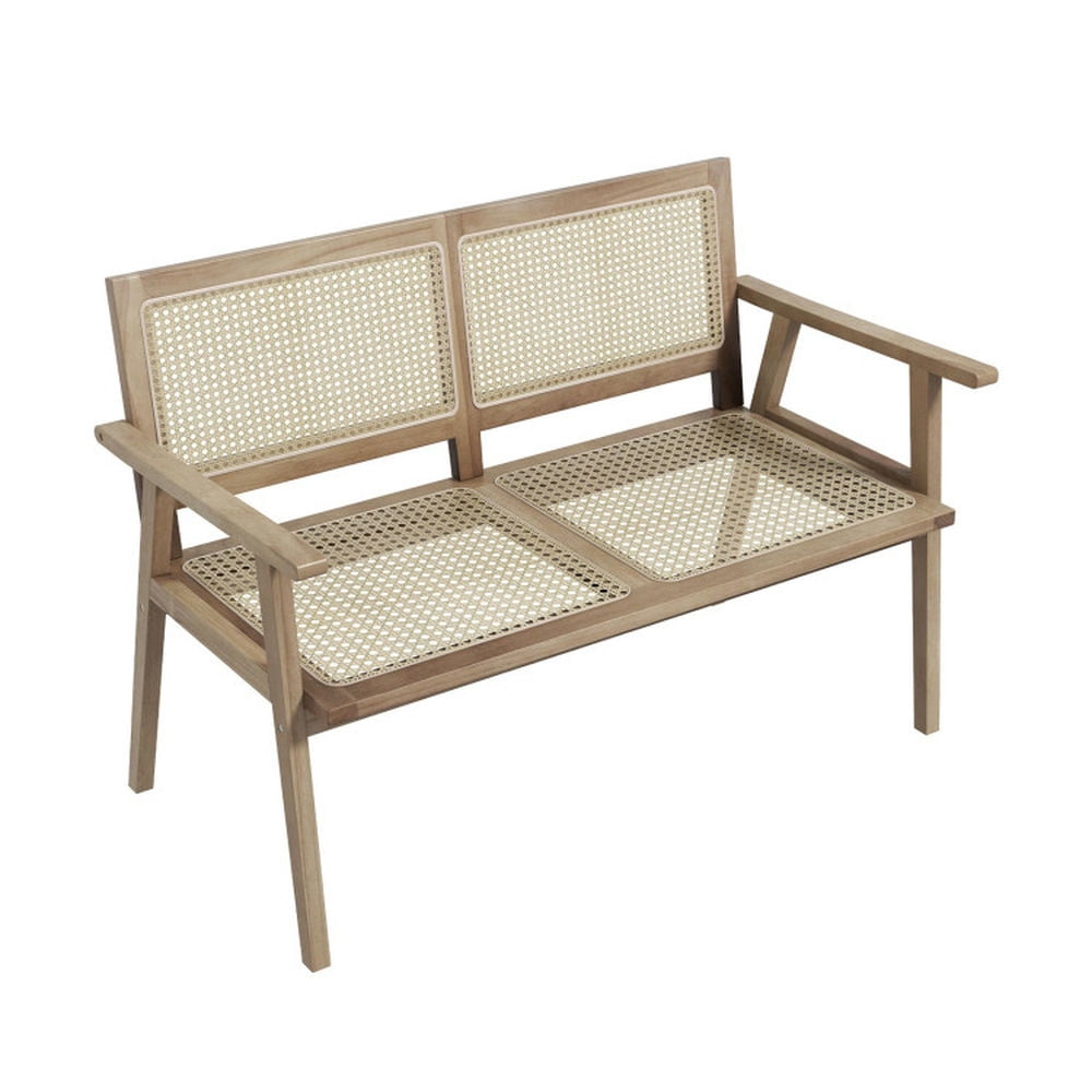 Teak Wood and Natural Rattan Outdoor Bench with Armrests