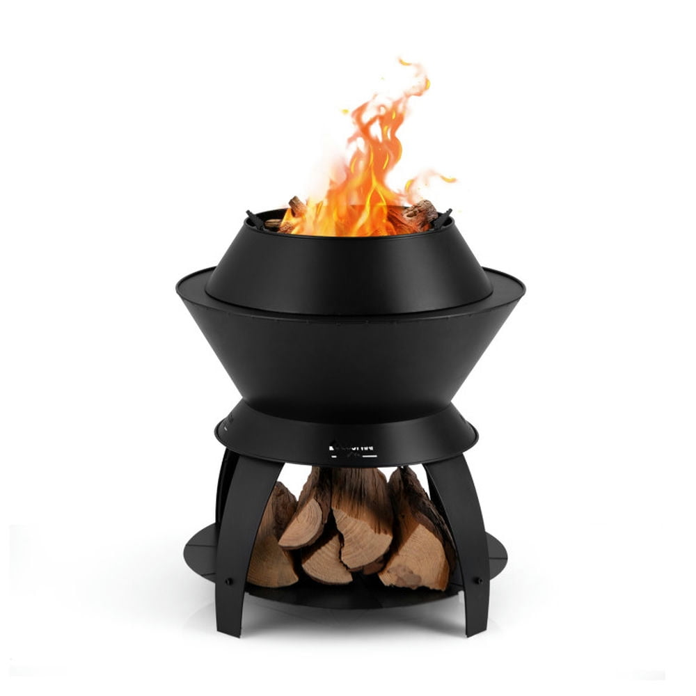20 Inch Black Metal Fire Pit with Pot Holder and Storage Shelf