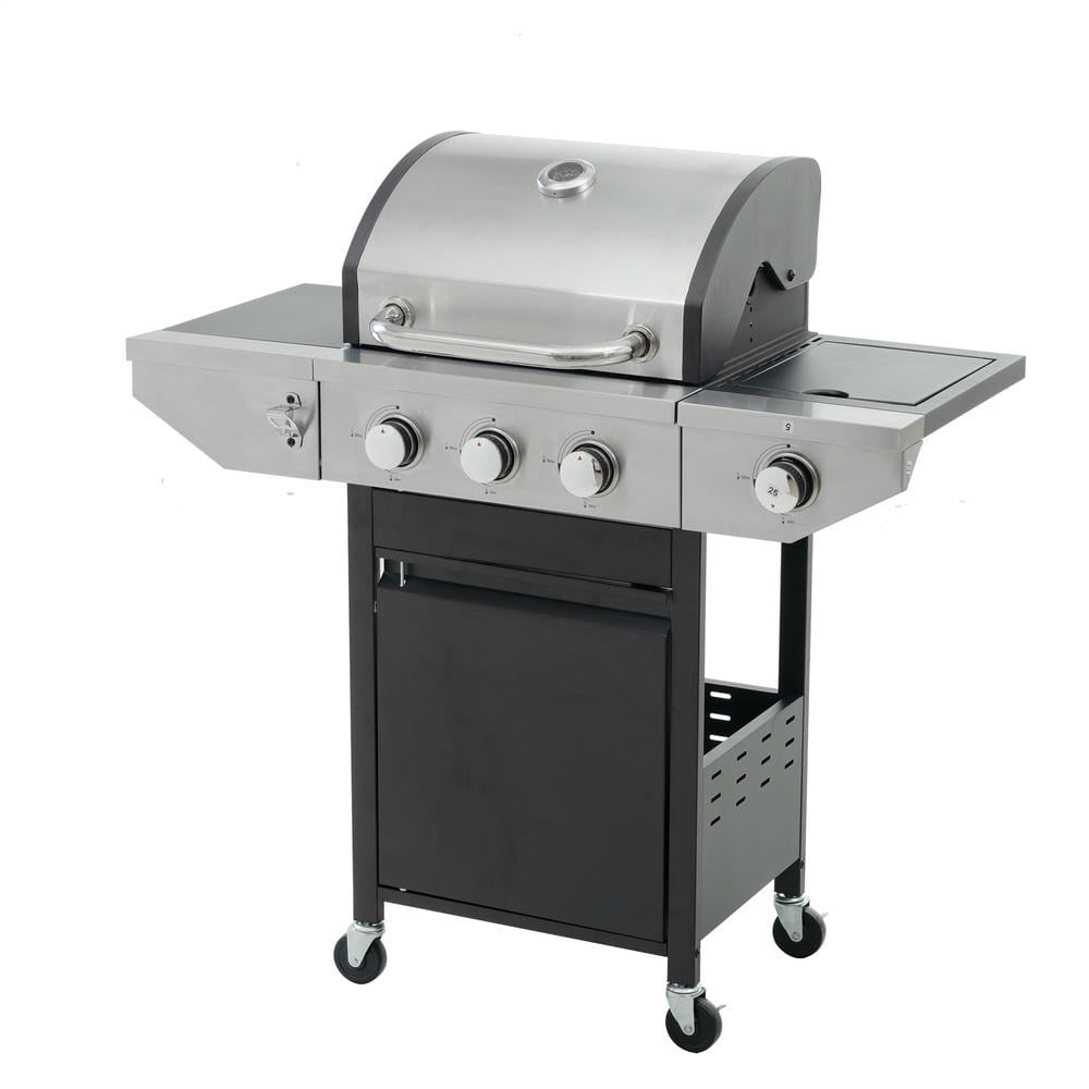 Kadyn Garden Grill with Side Burner and 37,000 BTU, Patio Backyard Barbecue Grill with 3 Burner for Outdoor Cooking, Patio, Black and Silver