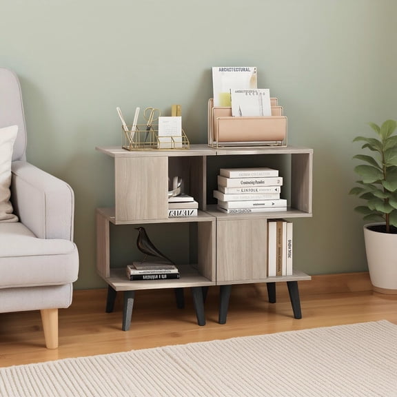 Kadyn Geometric Bookshelf Set of 2 with 3-Tier Open Storage Shelves for Living Room, Office, Modern Library Bookcase Unit, Gray