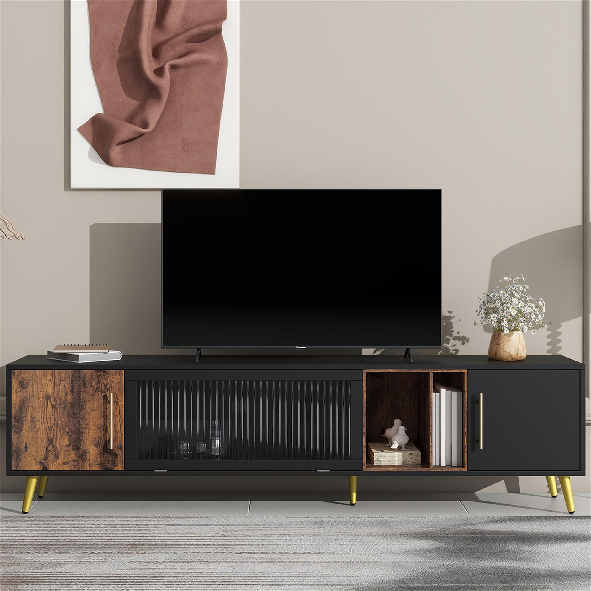 Kadyn Glass Door TV Stand Console, TV Entertainment Center with Golden Metal Handles&Legs for TVs Up to 80", Black Kadyn Glass Door TV Stand Console, TV Entertainment Center with Golden Metal Handles&Legs for TVs Up to 80", Black