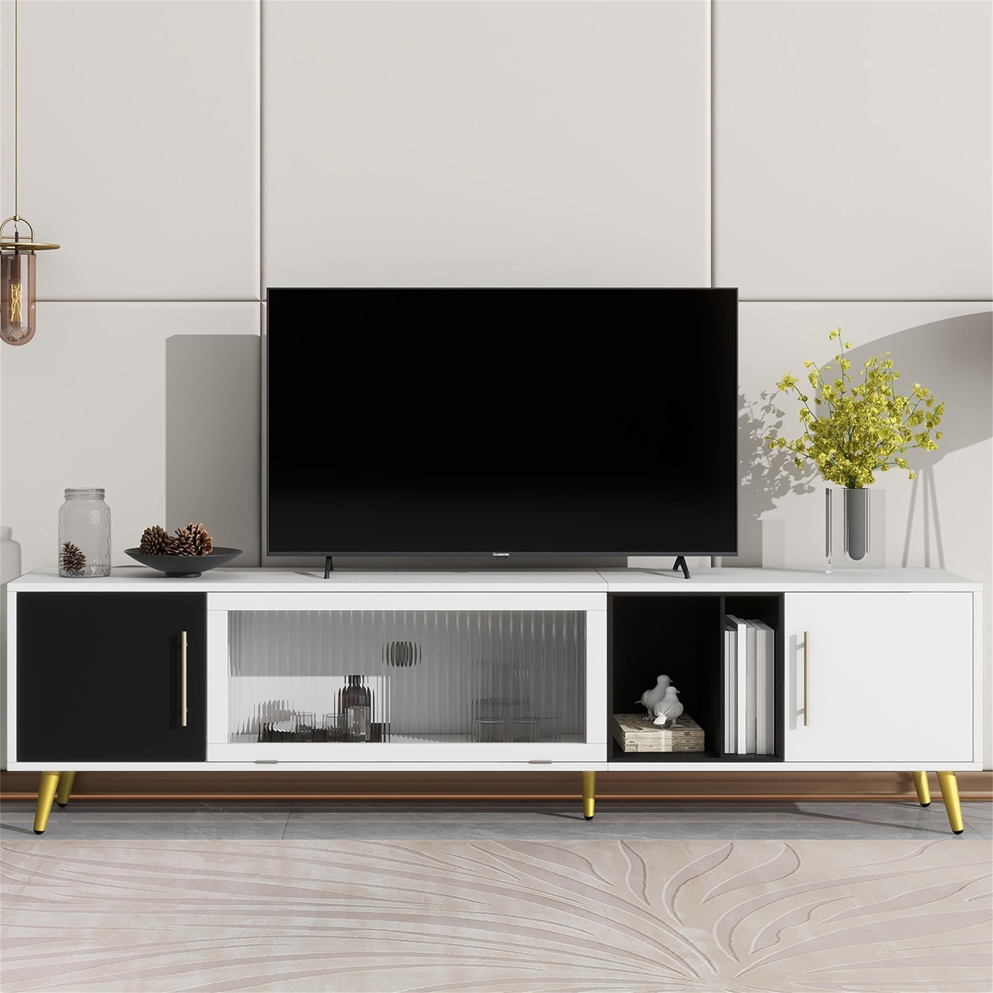 Kadyn Glass Door TV Stand Console, TV Entertainment Center with Golden Metal Handles&Legs for TVs Up to 80", White Kadyn Glass Door TV Stand Console, TV Entertainment Center with Golden Metal Handles&Legs for TVs Up to 80", White