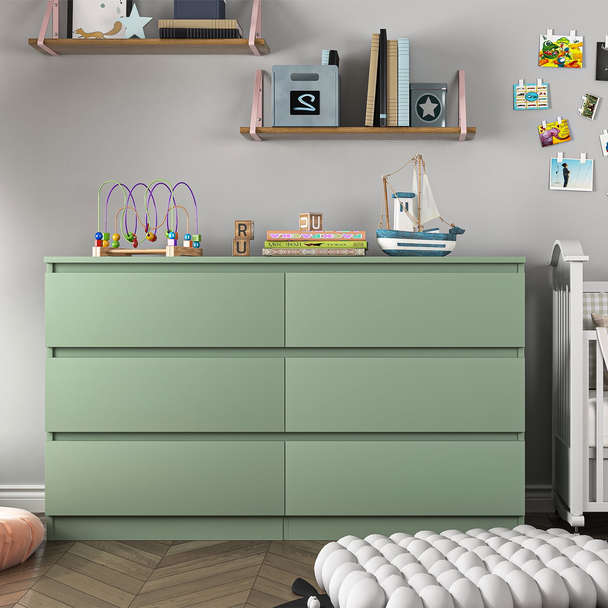 Kadyn Green Chest of Drawer, 6 Double Drawer Dresser for Bedroom, Modern Storage Cabinet for Living Room, Nursery Dresser Kadyn Green Chest of Drawer, 6 Double Drawer Dresser for Bedroom, Modern Storage Cabinet for Living Room, Nursery Dresser