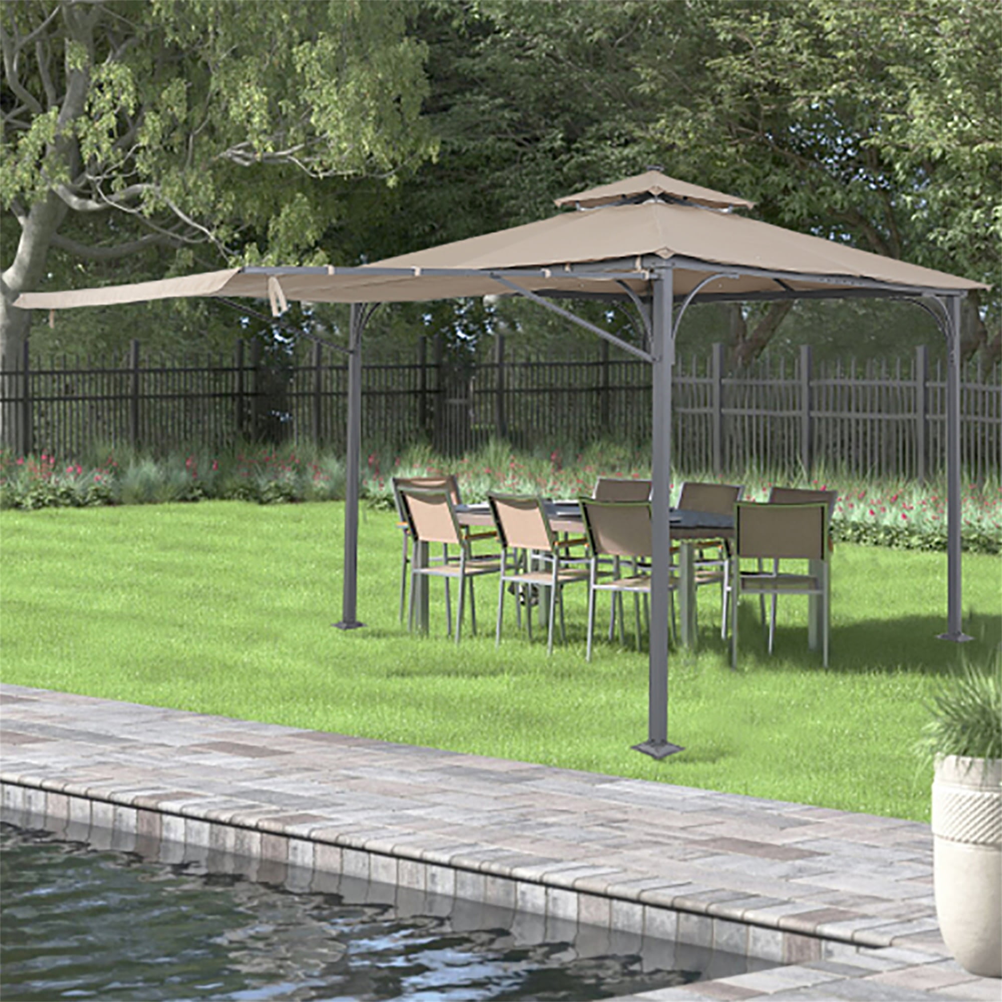 Kadyn Hard Top Gazebo, Outdoor Rooftop Canopy Tent, Permanent Gazebo with Extended Side Canopy/Awning and LED Lights, Garden, Patio, Lawn Parasol Kadyn Hard Top Gazebo, Outdoor Rooftop Canopy Tent, Permanent Gazebo with Extended Side Canopy/Awning and LED Lights, Garden, Patio, Lawn Parasol
