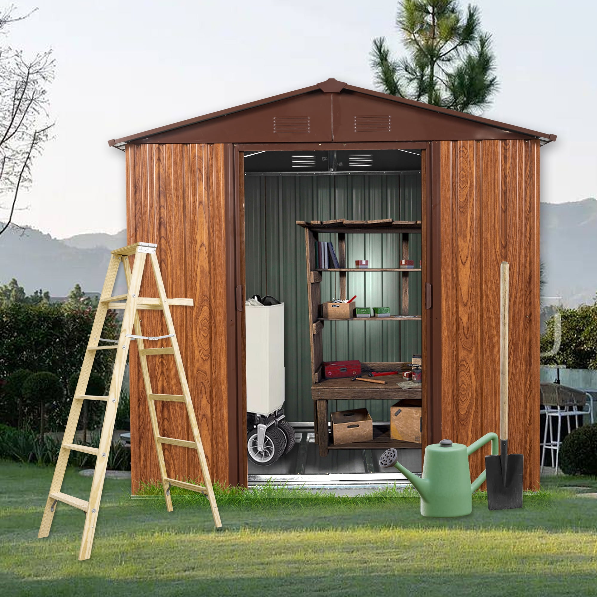 6ft x 6ft Gray and Woodgrain Metal Storage Shed with Windows