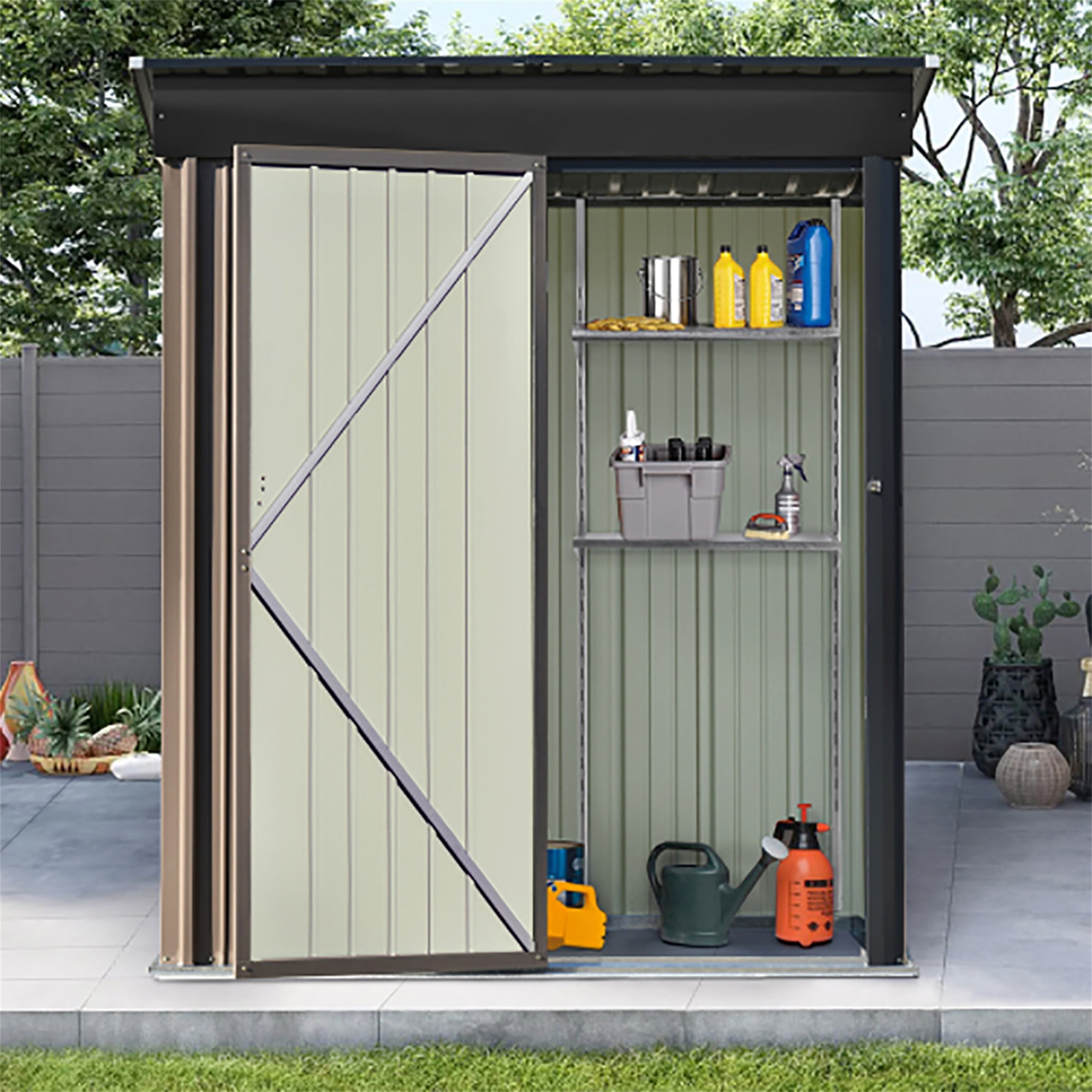 Kadyn Horizontal Outdoor Storage Shed Cabinet, Garden Shed, Metal Sloped Roof Storage Shed with Adjustable Shelves and Lockable Door for Trash Cans, Garden Tools and Yard Equipment, Brown Kadyn Horizontal Outdoor Storage Shed Cabinet, Garden Shed, Metal Sloped Roof Storage Shed with Adjustable Shelves and Lockable Door for Trash Cans, Garden Tools and Yard Equipment, Brown