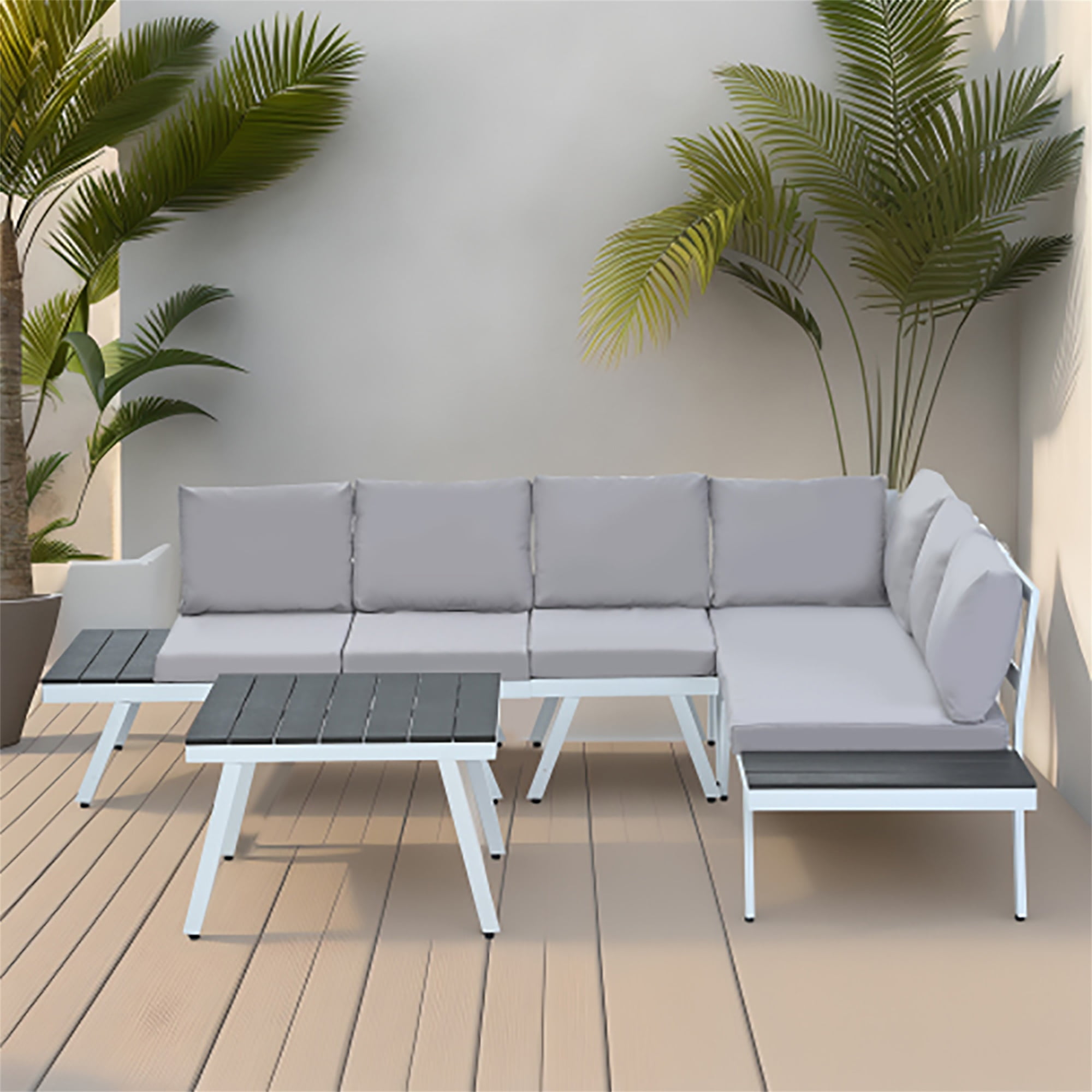 Kadyn Industrial 5-Piece Aluminum Outdoor Patio Furniture Set,Modern Garden Sectional Sofa Set with End Tables, Coffee Table and Furniture Clips for Backyard, Gray Kadyn Industrial 5-Piece Aluminum Outdoor Patio Furniture Set,Modern Garden Sectional Sofa Set with End Tables, Coffee Table and Furniture Clips for Backyard, Gray