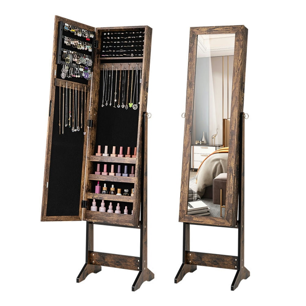 Kadyn Jewelry Armoire Cabinet, Jewelry Organizer,Mirrored Standing Jewelry Cabinet Storage Box-Brown