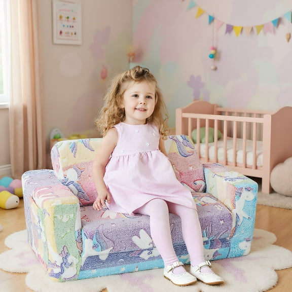 Kadyn Kids Couch Sofa,Toddler Couch, Kids Reading Baby Chair,2-in-1 Flip Out Kids Sofa Chair with Detachable Flannel Fabric Cover and Glowing Patterns-Color