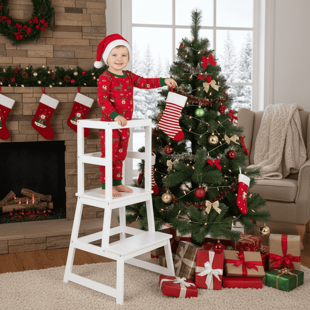 Kadyn Kids Kitchen Step Stool with 4-sided Safety Rails and Spacious Platform, Toddler Step Stool Helper with Safe Pine Wood Material, 2-in-1 Multifunctional Kid Kitchen Standing Tower, White