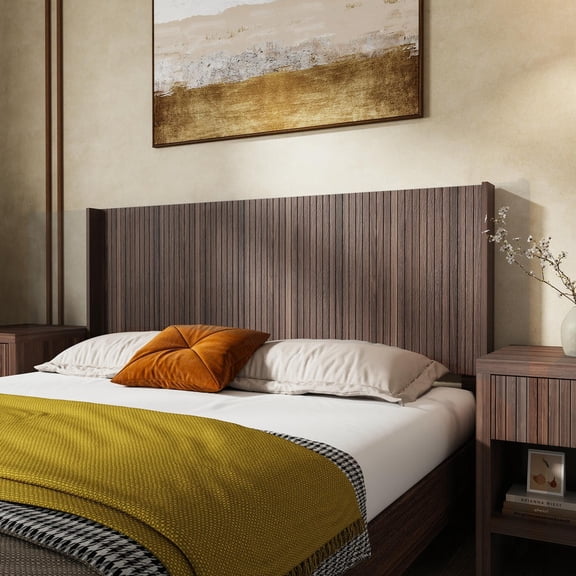 Kadyn King Size Headboard 80.2 Inches Wide, Farmhouse Style Fluted Wood Panel, Wingback Design Wall Mounted, Walnut