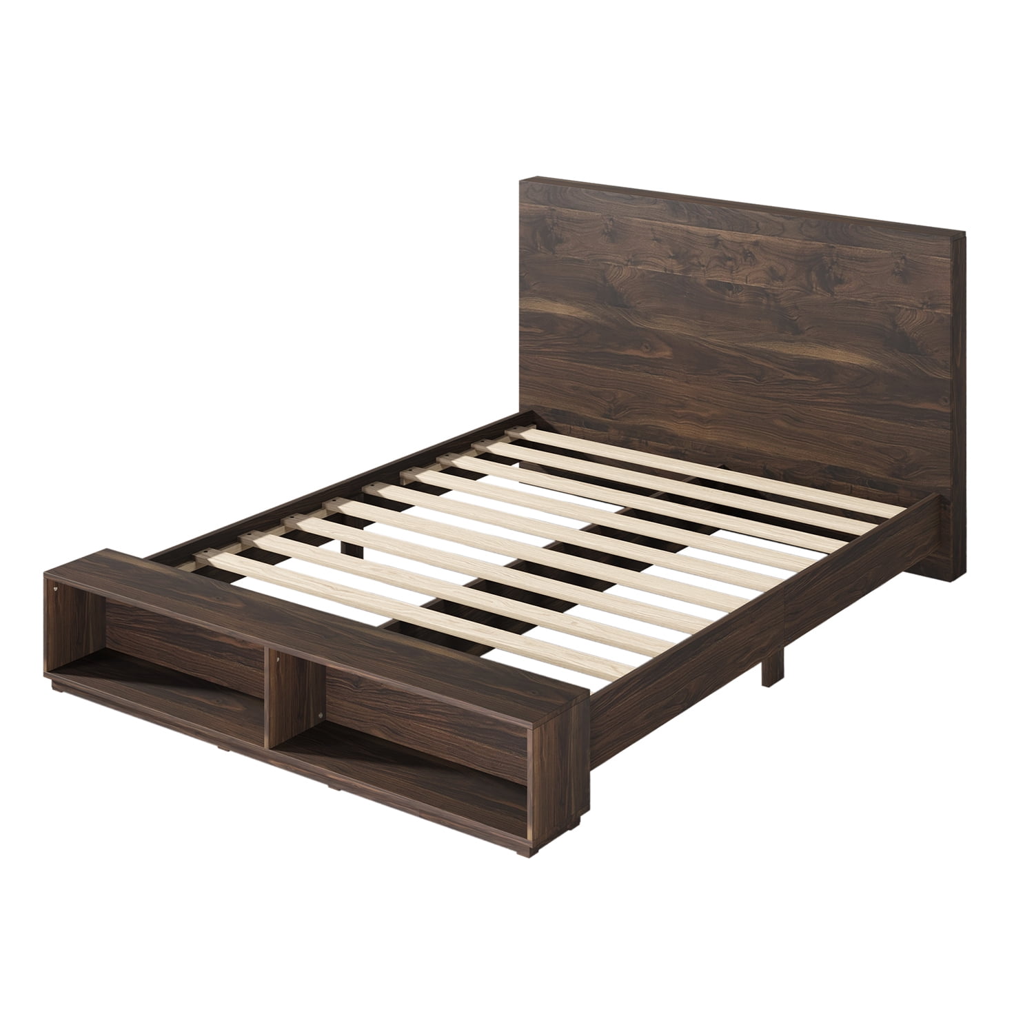 Kadyn King Size Wood Platform Bed, Wood Storage Queen Bed with Storage Bench in Walnut, Modern MDF Farmhouse bedstead for bedroom, Walnut Kadyn King Size Wood Platform Bed, Wood Storage Queen Bed with Storage Bench in Walnut, Modern MDF Farmhouse bedstead for bedroom, Walnut