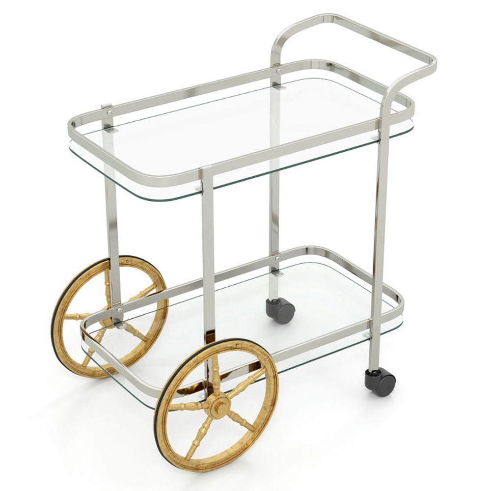 Kadyn Kitchen Cart, Kitchen Island Cart, 2-Tier Tempered Glass Bar Cart with 2 Large Aluminum Wheels and 2 Rolling Casters