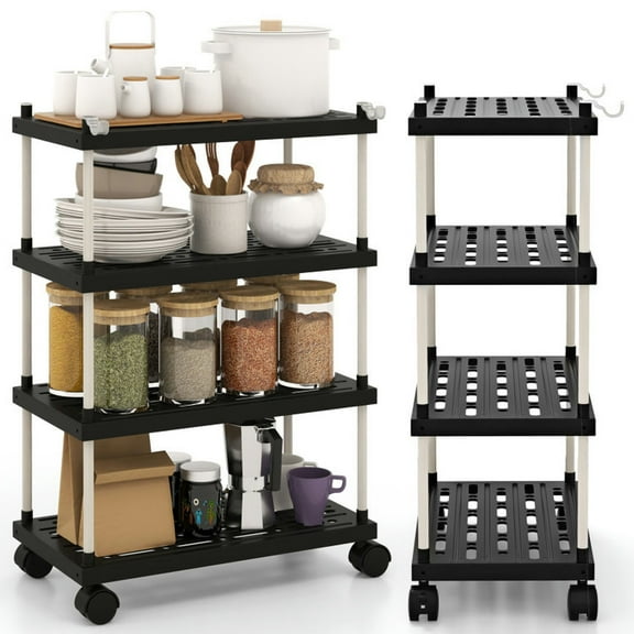 Kadyn Kitchen Island Cart, Bar Serving Cart, Compact Trolley,4-Tier Kitchen Slim Storage Cart with Lockable Wheels-Black