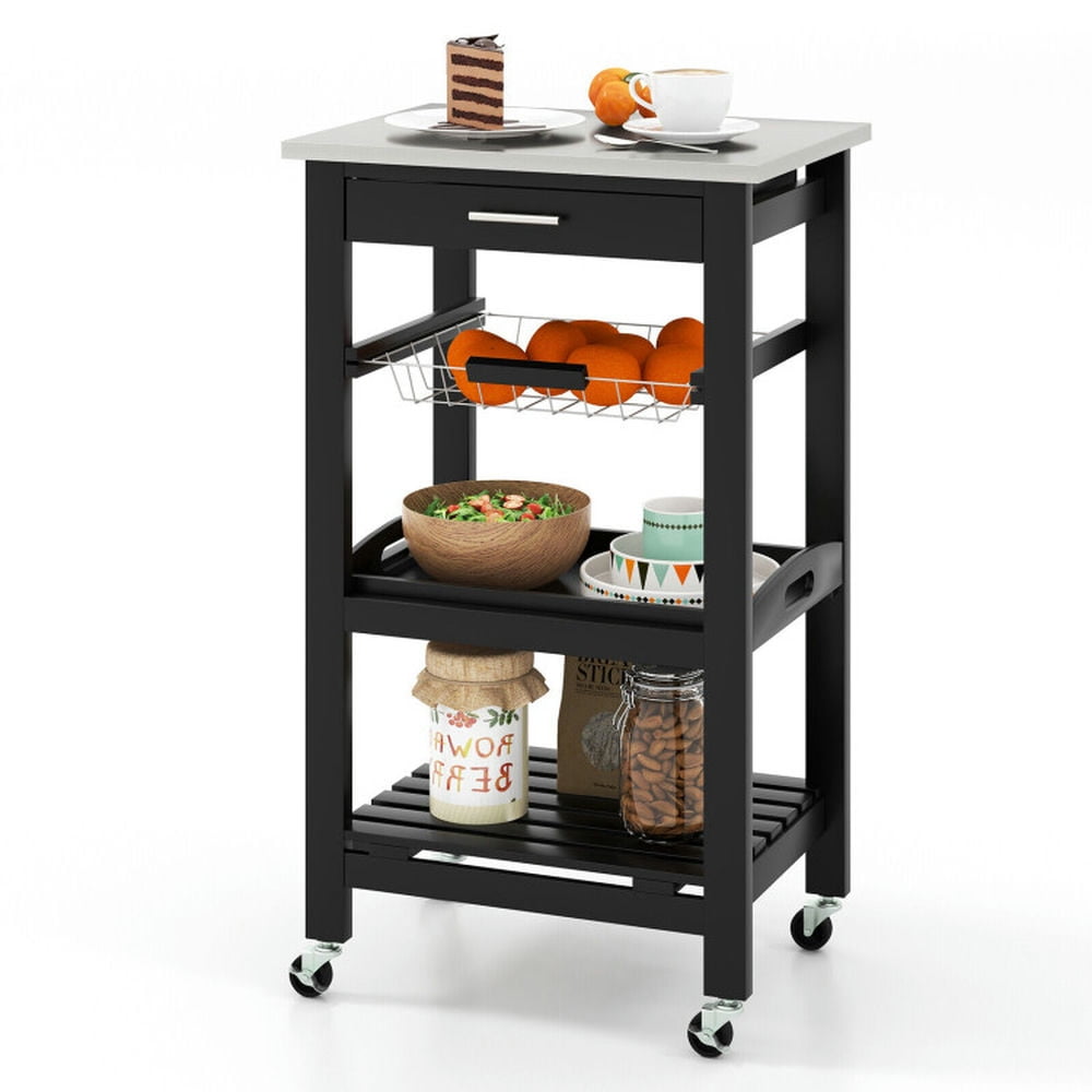 Black Stainless Steel Kitchen Cart with Storage and Tray