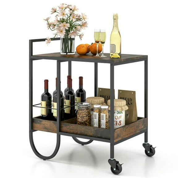Kadyn Kitchen Island Cart, Bar Serving Cart, Compact Trolley,Rolling Buffet Serving Cart with Removable Metal Wire Wine Rack-Brown
