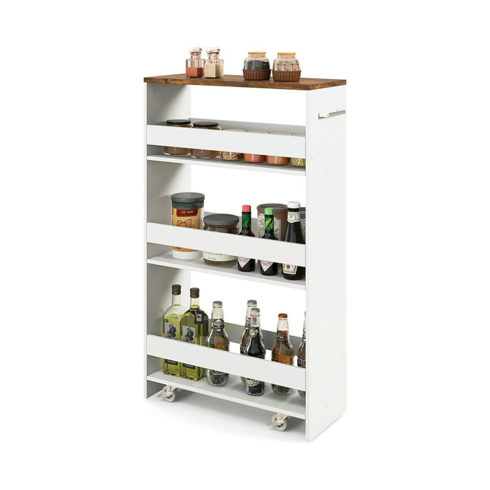 Kadyn Kitchen Island Cart, Mobile Carts,4-Tier Rolling Storage Cart Slim Kitchen Cart on Wheels with Open Shelves and Handle-Rustic Brown