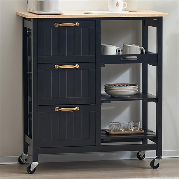 Kadyn Kitchen Island Cart, Moveable Kitchen Cart with Three Drawers and Three Layers Black Handle, Rolling Bar Cart for Home, Black