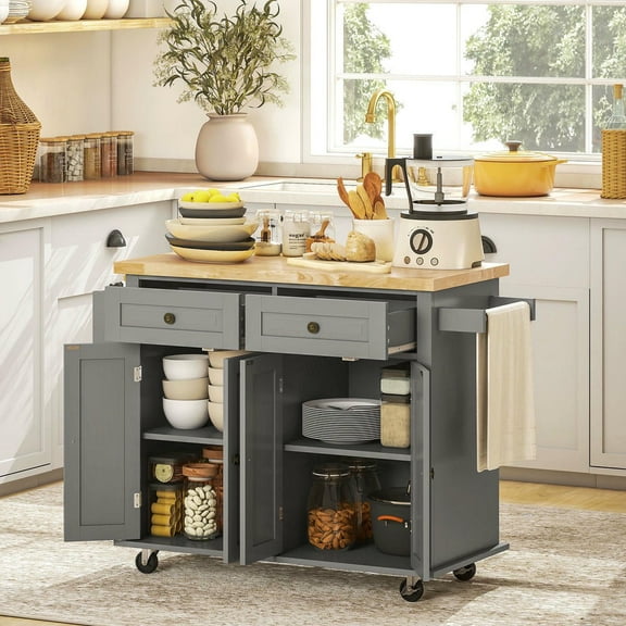 Kadyn Kitchen Island Cart with Rubber Wood Top, Mobile Carts with Drawers, Adjustable Shelves, Spice Rack and Towel Rack for Dining Room, Gray