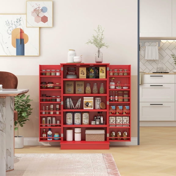 Kadyn Kitchen Pantry Cabinet with Double Doors and 5-tier Shelving, Pantry for Home, Dining Room, Red