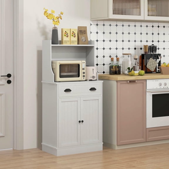 Kadyn Kitchen Pantry Cabinet with Drawer, Cabinet and Adjustable Shelf, Pantry with Hutch for Dining Room, White
