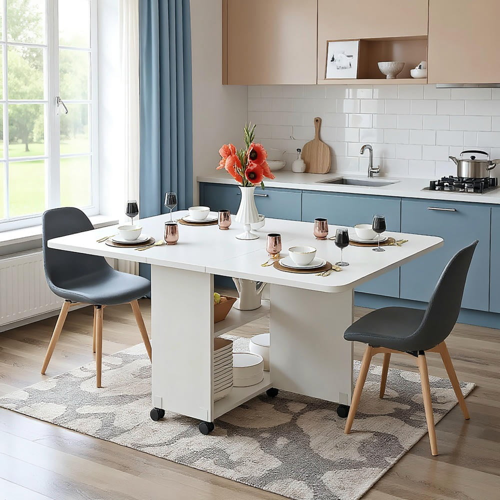 Kadyn Kitchen Table, Dining Table,Folding Drop Leaf Dining Table with 6 Wheels and 2-Layer Storage Shelf, White