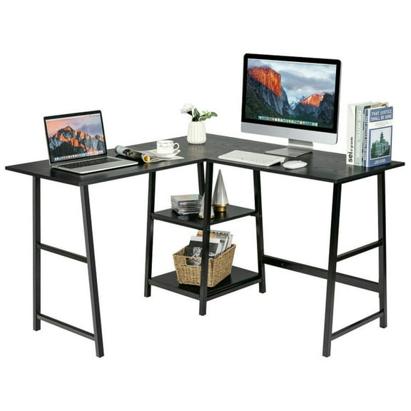 Kadyn L-Shaped Desk, Corner Computer Desk, Home Office Desk, L Shaped Corner Computer Desk with Storage Shelves-Black