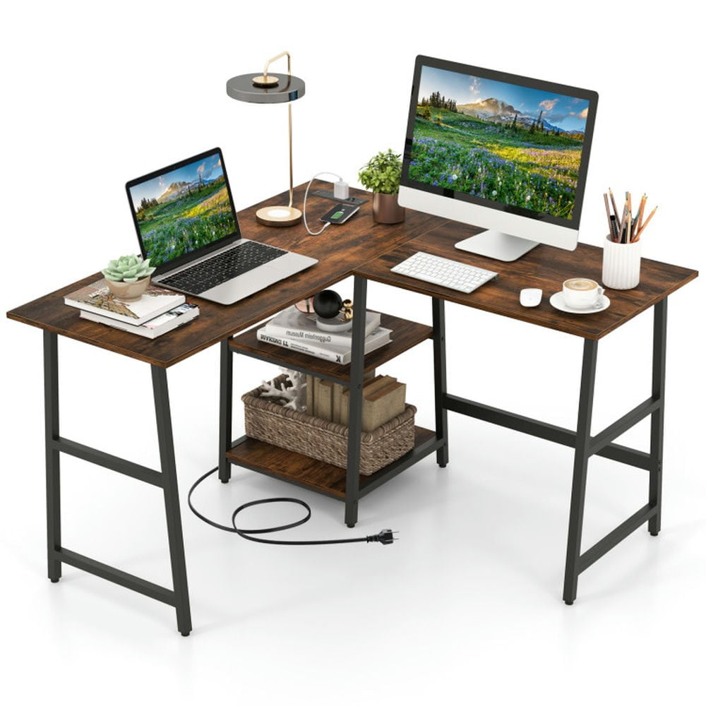 Kadyn L-Shaped Desk, Corner Computer Desk, Home Office Desk, L Shaped Corner Computer Desk with Storage Shelves-Brown