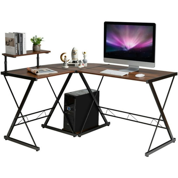 Kadyn L-Shaped Desk, Corner Computer Desk, Home Office Desk, L-Shaped Desk Reversible Corner Computer Desk with Movable Shelf and CPU Stand-Walnut