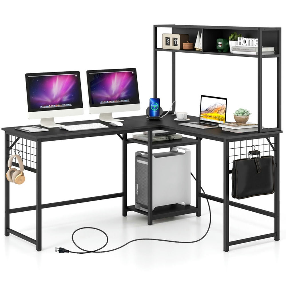 Kadyn L-Shaped Desk, Corner Computer Desk, Home Office Desk, L-shaped Desk with Power Outlet Hutch-Black