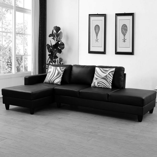 Kadyn L Shaped Sofa Couch Set for Living Room, Black Faux Leather