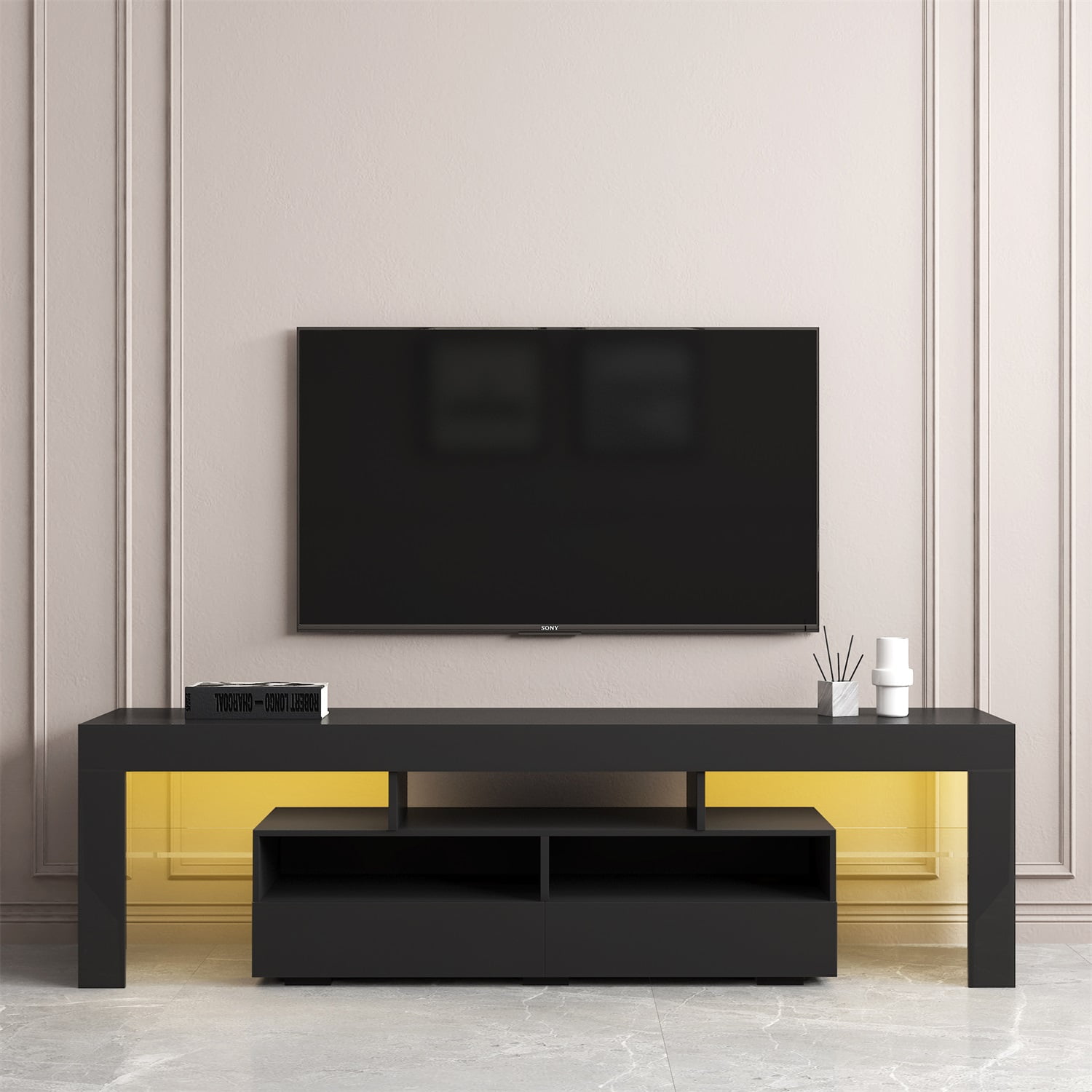Kadyn LED Light TV Stand with Remote, Living Room Entertainment Center TV Stand with 2 Drawers & 2 Open Shelves, Particle Board TV Stand Cabinet with 20-color RGB LED lights, Black Kadyn LED Light TV Stand with Remote, Living Room Entertainment Center TV Stand with 2 Drawers & 2 Open Shelves, Particle Board TV Stand Cabinet with 20-color RGB LED lights, Black