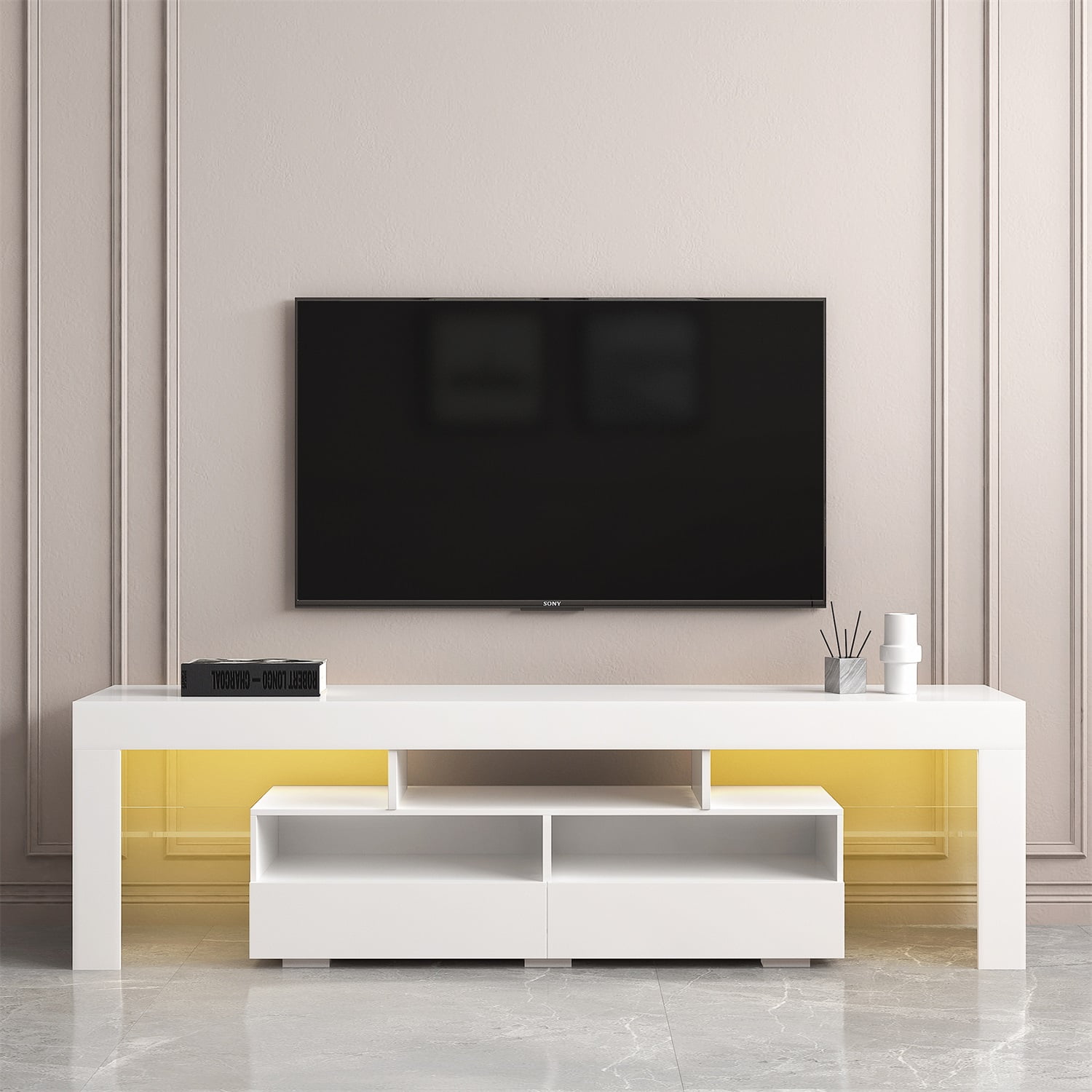 Kadyn LED Light TV Stand with Remote, Living Room Entertainment Center TV Stand with 2 Drawers & 2 Open Shelves, Particle Board TV Stand Cabinet with 20-color RGB LED lights, White Kadyn LED Light TV Stand with Remote, Living Room Entertainment Center TV Stand with 2 Drawers & 2 Open Shelves, Particle Board TV Stand Cabinet with 20-color RGB LED lights, White