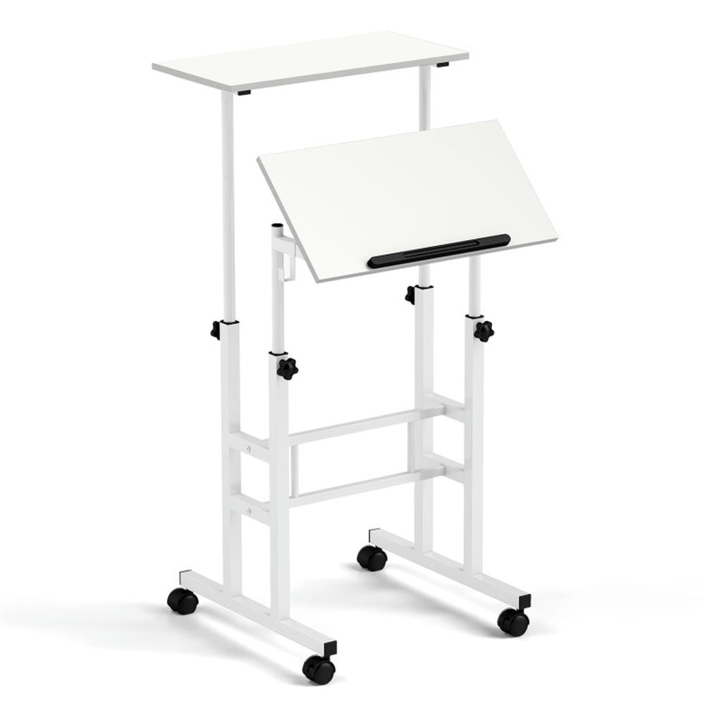 Kadyn Laptop Tables,Printer Stands,Mobile Standing Desk Height-Adjustable Laptop Cart with Split Top and Hanging Hooks-White