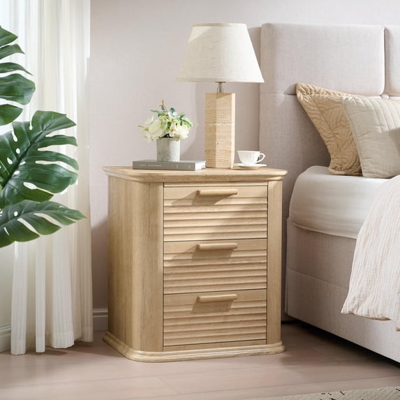 Kadyn Large Bedside Table with Fluted Drawers, 22 Inch Wide Nightstand with Charging Station for Bedroom, Oak