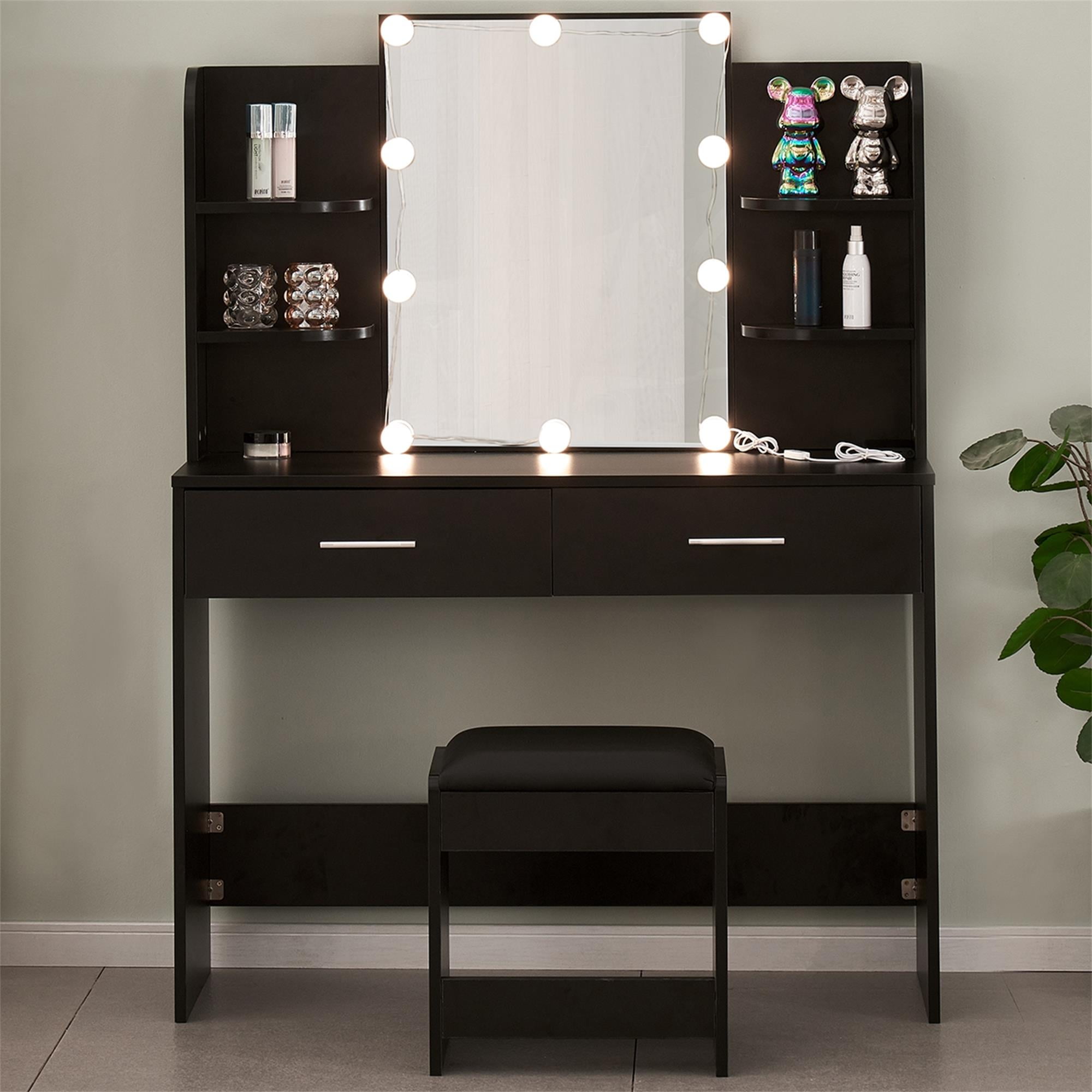 Kadyn Large Vanity Set, Vanity Table Set with 10 Light Bulbs, Makeup Vanity Desk with Cushioned Stool, 6 Storage Shelves 2 Drawers for Bedroom, Black Kadyn Large Vanity Set, Vanity Table Set with 10 Light Bulbs, Makeup Vanity Desk with Cushioned Stool, 6 Storage Shelves 2 Drawers for Bedroom, Black