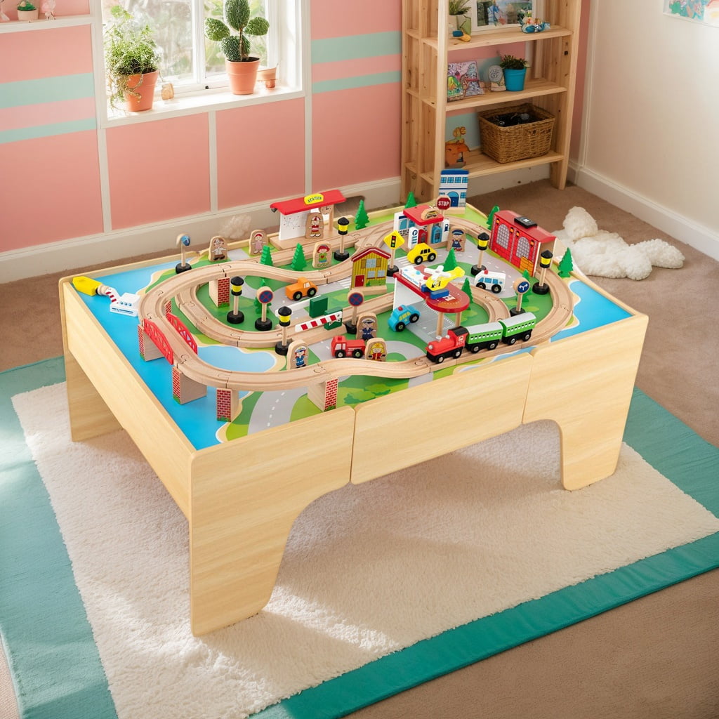 Kadyn Learning Toys,Train Set,84-Piece Wooden Train Set with Reversible and Detachable Tabletop